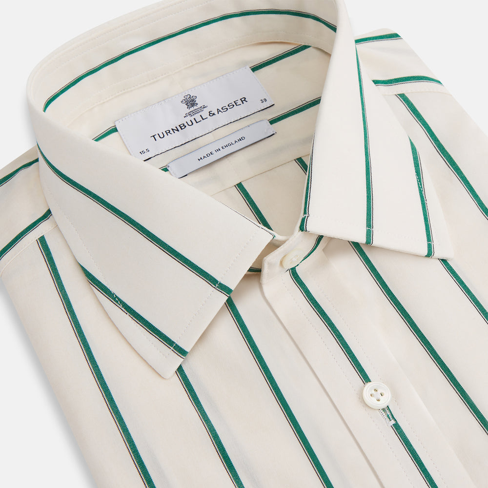 The Turnbull & Asser Green Track Stripe Mayfair Shirt is a long-sleeved, breathable cotton shirt with green vertical stripes, a classic T&A collar, and buttoned cuffs.