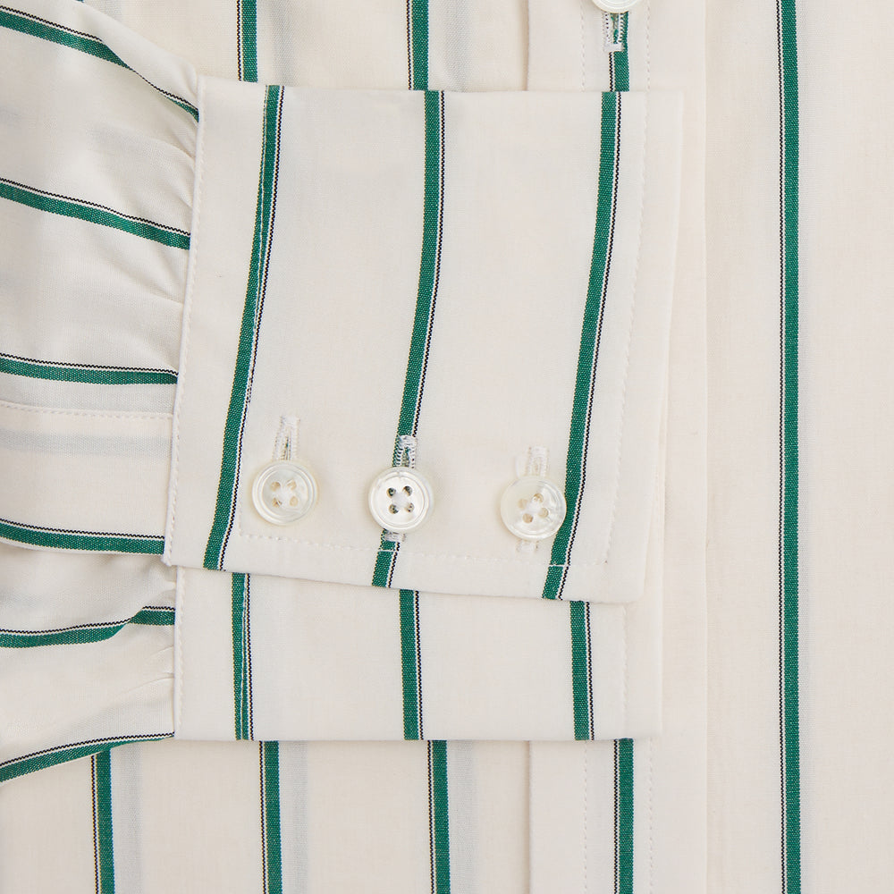 The Turnbull & Asser Green Track Stripe Mayfair Shirt is a long-sleeved, breathable cotton shirt with green vertical stripes, a classic T&A collar, and buttoned cuffs.
