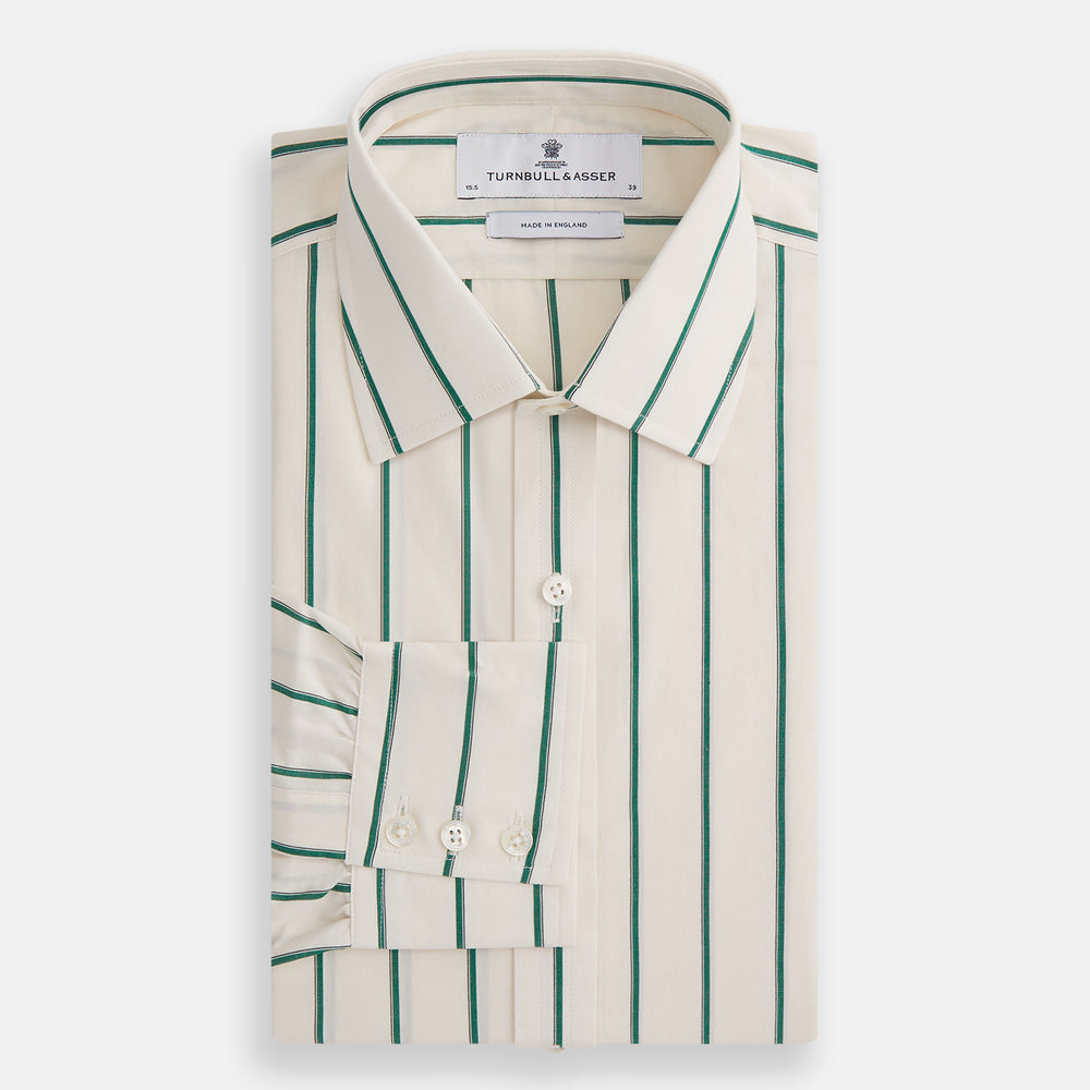 The Turnbull & Asser Green Track Stripe Mayfair Shirt is a long-sleeved, breathable cotton shirt with green vertical stripes, a classic T&A collar, and buttoned cuffs.