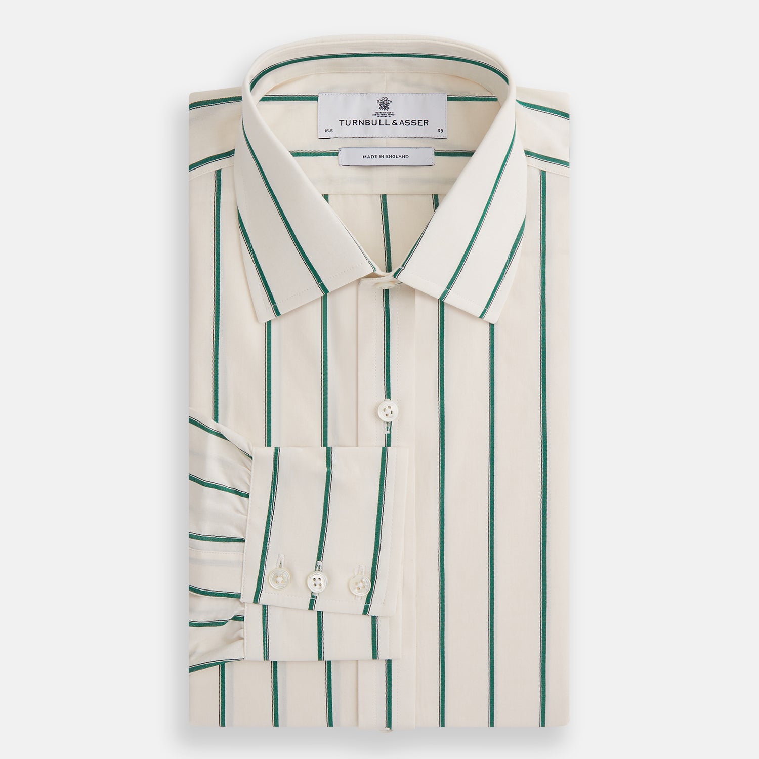 View 4 of product The Turnbull & Asser Green Track Stripe Mayfair Shirt is a long-sleeved, breathable cotton shirt with green vertical stripes, a classic T&A collar, and buttoned cuffs.