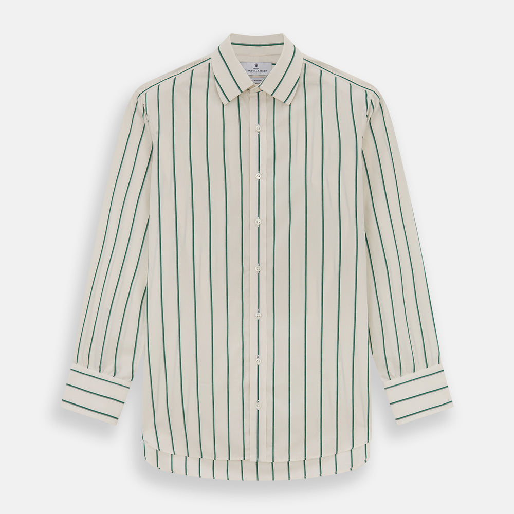 The Turnbull & Asser Green Track Stripe Mayfair Shirt is a long-sleeved, breathable cotton shirt with green vertical stripes, a classic T&A collar, and buttoned cuffs.