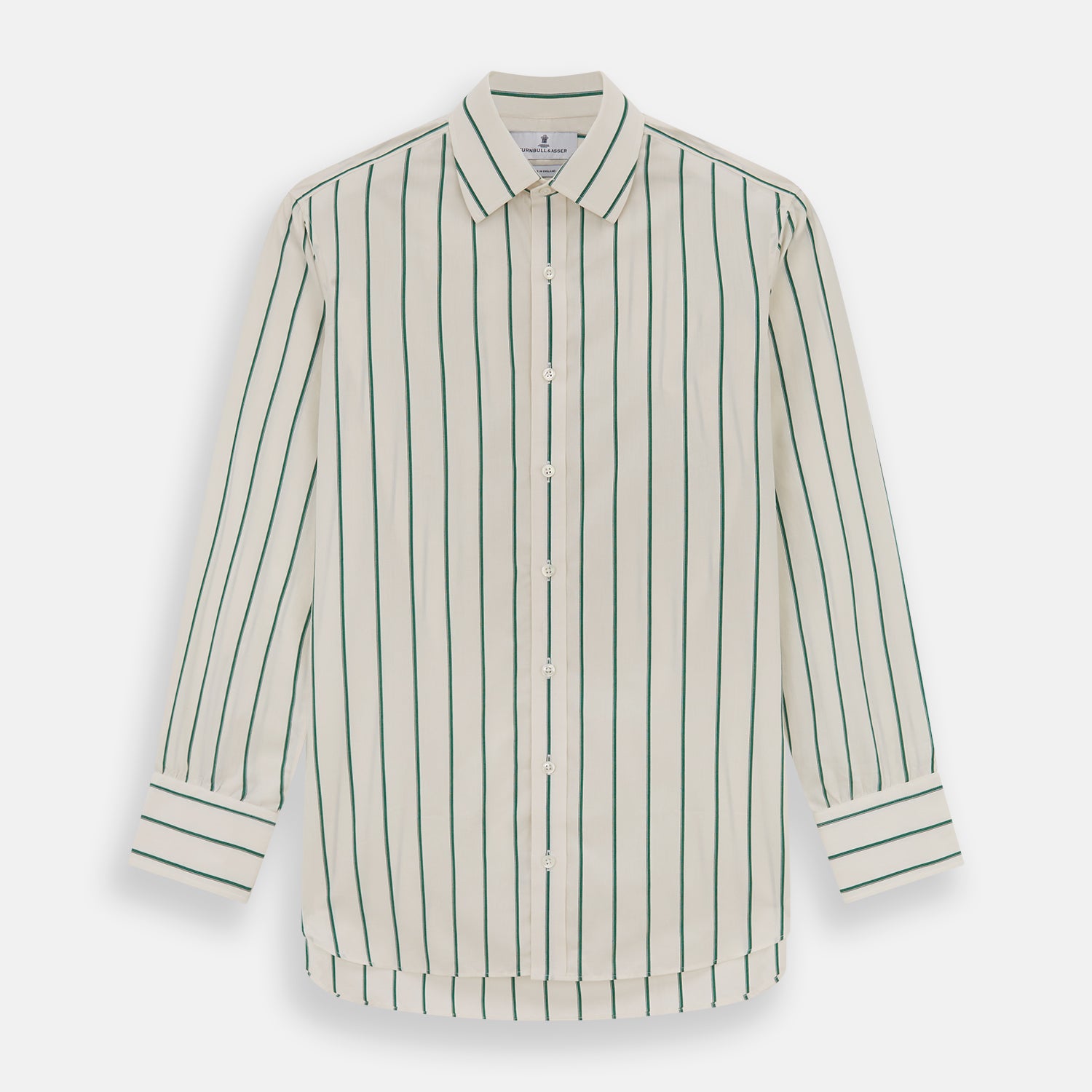 View 1 of product The Turnbull & Asser Green Track Stripe Mayfair Shirt is a long-sleeved, breathable cotton shirt with green vertical stripes, a classic T&A collar, and buttoned cuffs.