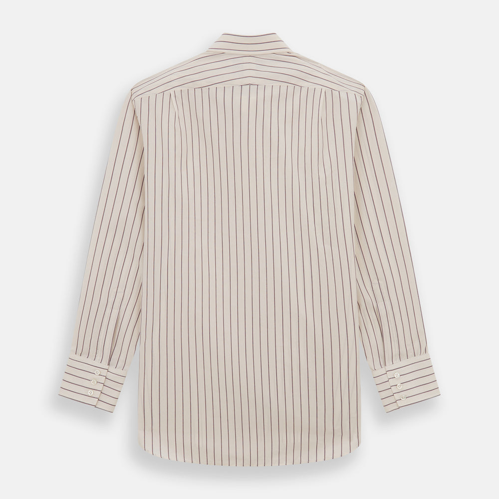 The Purple Halo Stripe Mayfair Shirt by Turnbull & Asser is an organic cotton, long-sleeved shirt with a T&A collar, buttoned cuffs, and thin black stripes on a white base, neatly laid flat on a white background.