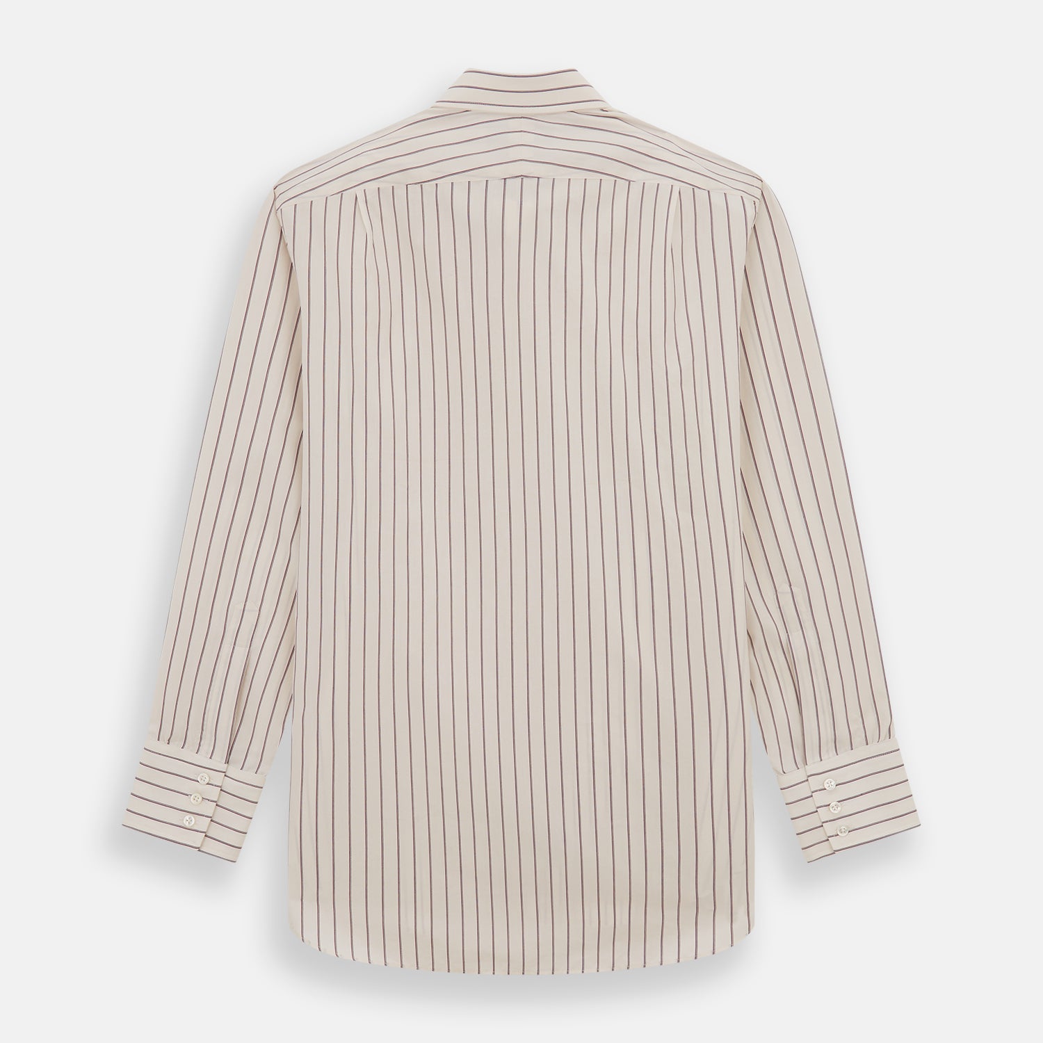 View 5 of product The Purple Halo Stripe Mayfair Shirt by Turnbull & Asser is an organic cotton, long-sleeved shirt with a T&A collar, buttoned cuffs, and thin black stripes on a white base, neatly laid flat on a white background.
