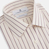 View 2 of product The Purple Halo Stripe Mayfair Shirt by Turnbull & Asser is an organic cotton, long-sleeved shirt with a T&A collar, buttoned cuffs, and thin black stripes on a white base, neatly laid flat on a white background.