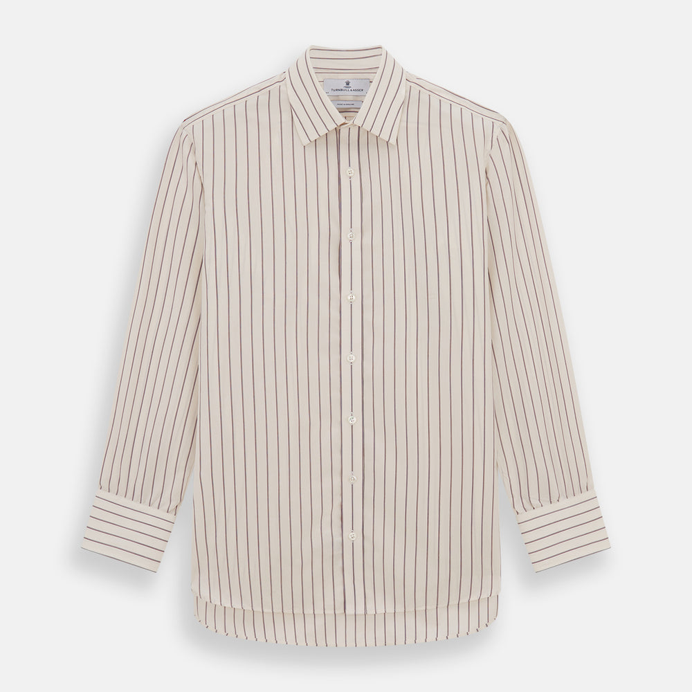 The Purple Halo Stripe Mayfair Shirt by Turnbull & Asser is an organic cotton, long-sleeved shirt with a T&A collar, buttoned cuffs, and thin black stripes on a white base, neatly laid flat on a white background.