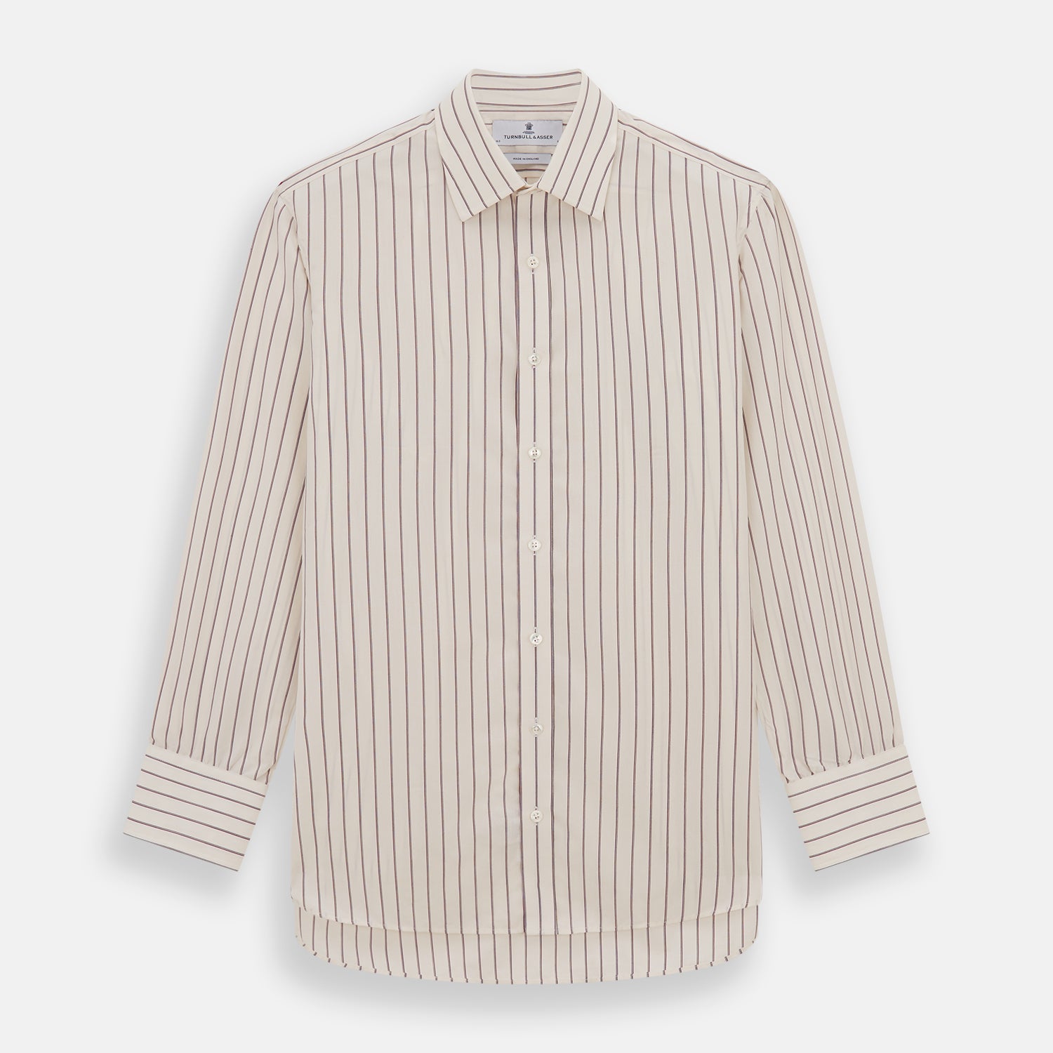 View 1 of product The Purple Halo Stripe Mayfair Shirt by Turnbull & Asser is an organic cotton, long-sleeved shirt with a T&A collar, buttoned cuffs, and thin black stripes on a white base, neatly laid flat on a white background.