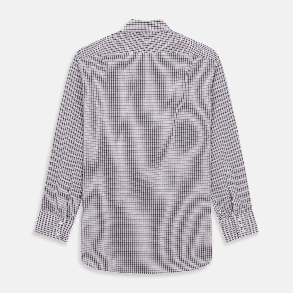 The Turnbull & Asser Purple Tattersall Check Mayfair Shirt is a long-sleeved, organic cotton button-up with a pointed collar and buttoned cuffs, shown flat on a white background.