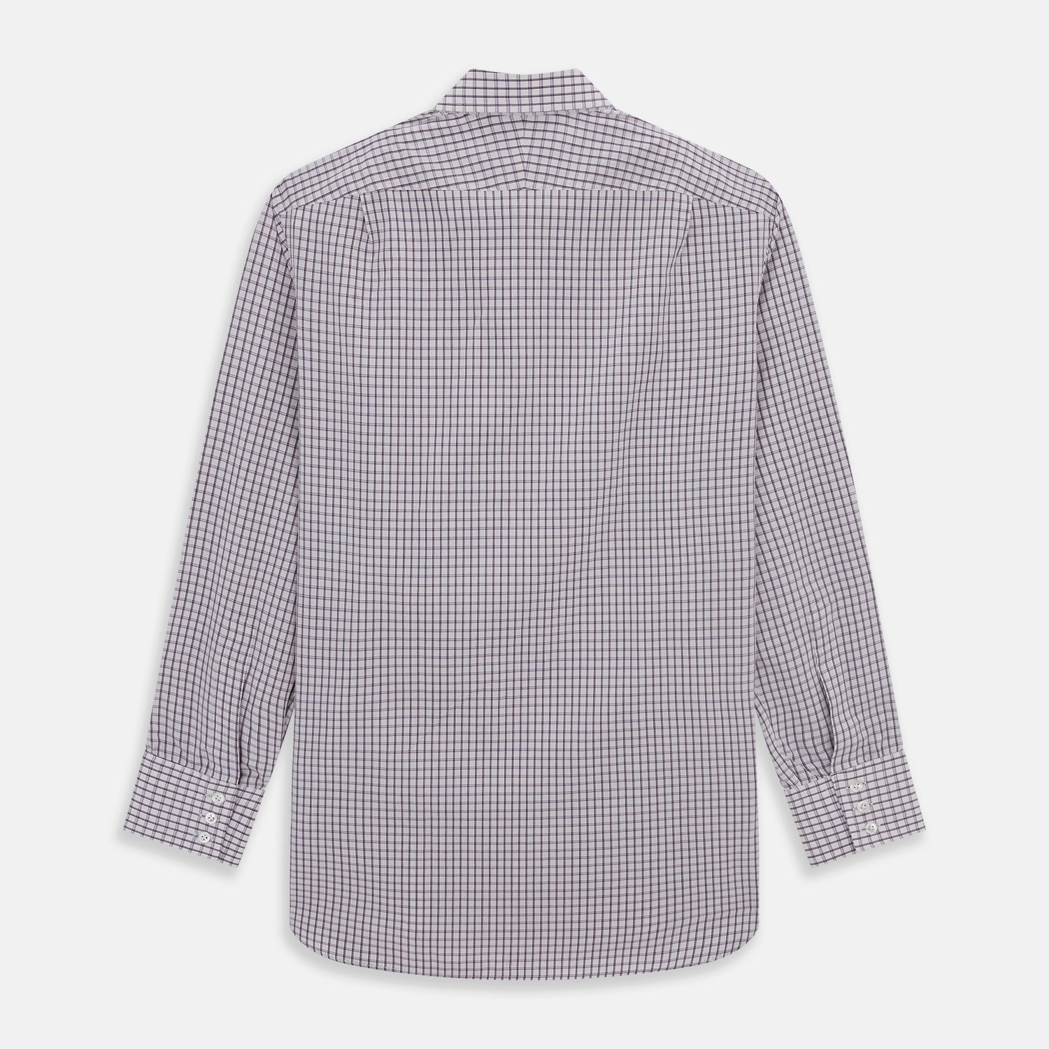 View 5 of product The Turnbull & Asser Purple Tattersall Check Mayfair Shirt is a long-sleeved, organic cotton button-up with a pointed collar and buttoned cuffs, shown flat on a white background.