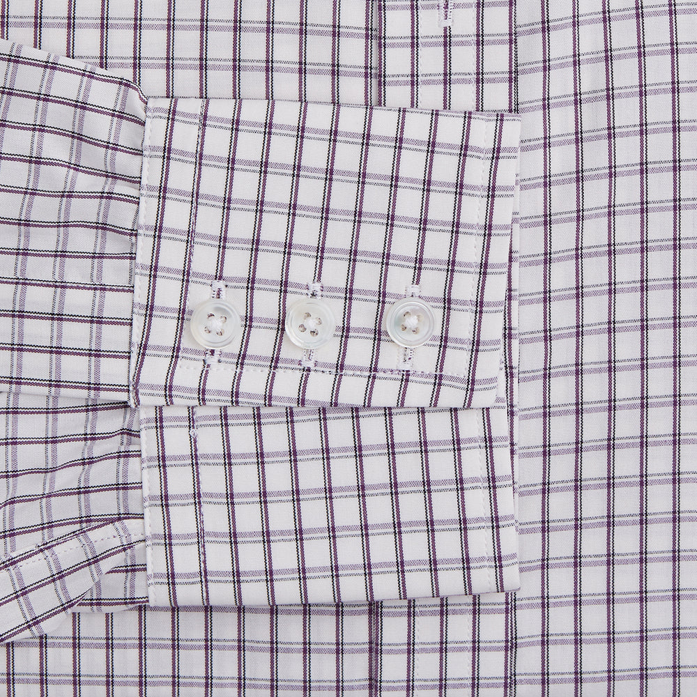 The Turnbull & Asser Purple Tattersall Check Mayfair Shirt is a long-sleeved, organic cotton button-up with a pointed collar and buttoned cuffs, shown flat on a white background.