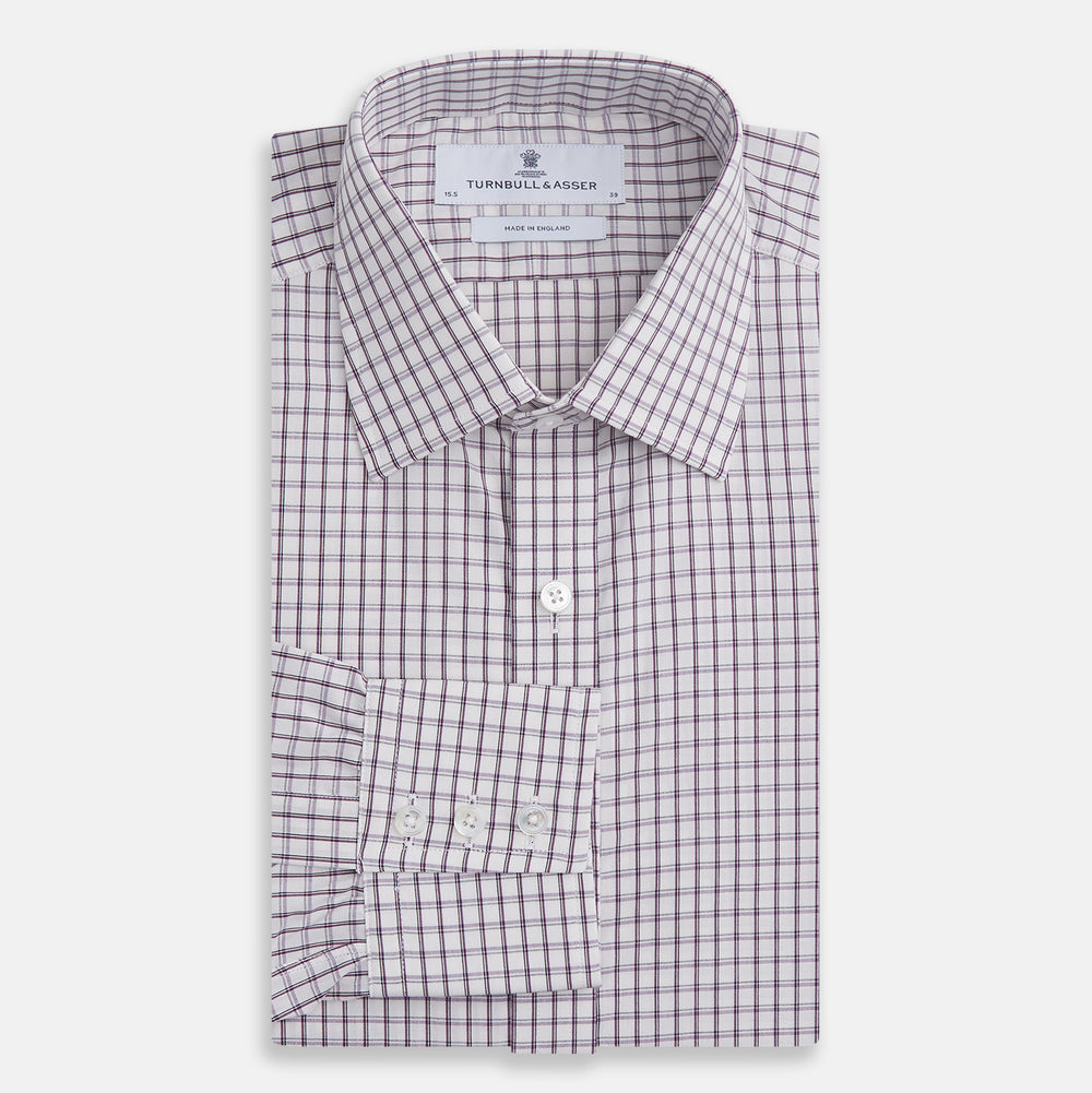 The Turnbull & Asser Purple Tattersall Check Mayfair Shirt is a long-sleeved, organic cotton button-up with a pointed collar and buttoned cuffs, shown flat on a white background.