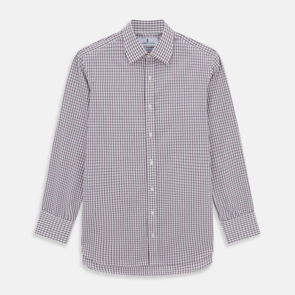 The Turnbull & Asser Purple Tattersall Check Mayfair Shirt is a long-sleeved, organic cotton button-up with a pointed collar and buttoned cuffs, shown flat on a white background.