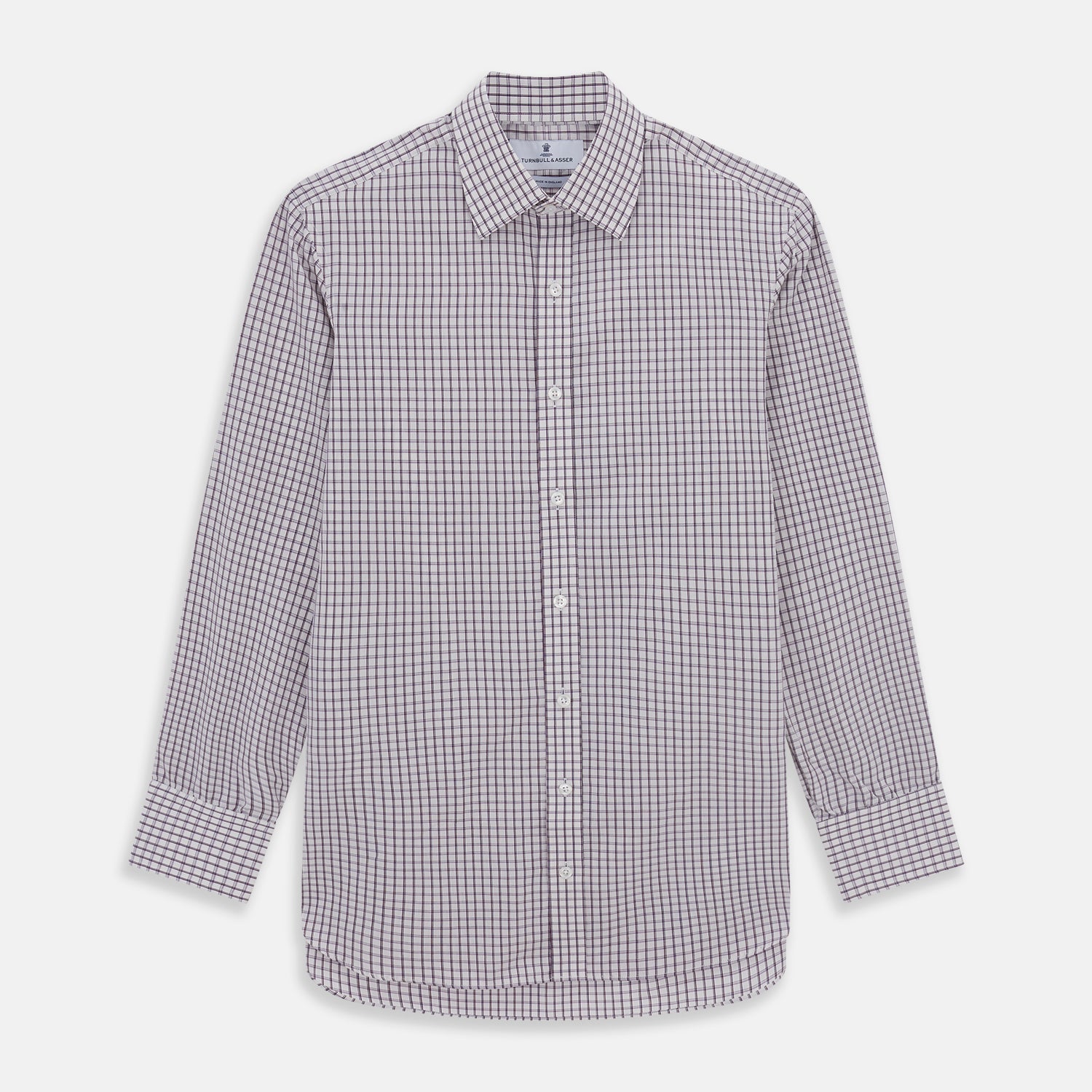 View 1 of product The Turnbull & Asser Purple Tattersall Check Mayfair Shirt is a long-sleeved, organic cotton button-up with a pointed collar and buttoned cuffs, shown flat on a white background.