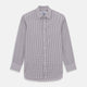 The Turnbull & Asser Purple Tattersall Check Mayfair Shirt is a long-sleeved, organic cotton button-up with a pointed collar and buttoned cuffs, shown flat on a white background.