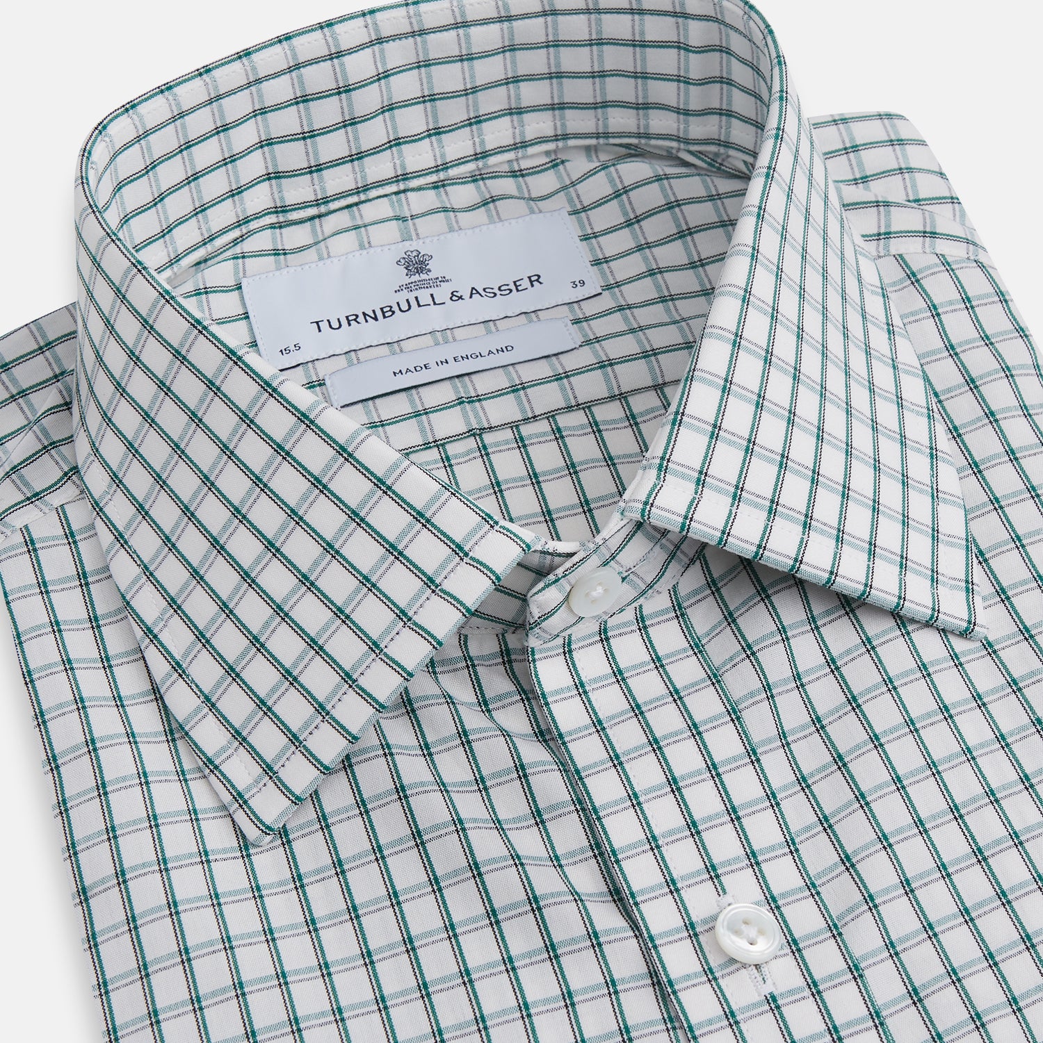 View 2 of product A Turnbull & Asser Dark Green Tattersall Check Mayfair Shirt, featuring long sleeves and button-down design, is neatly laid flat on a white background.