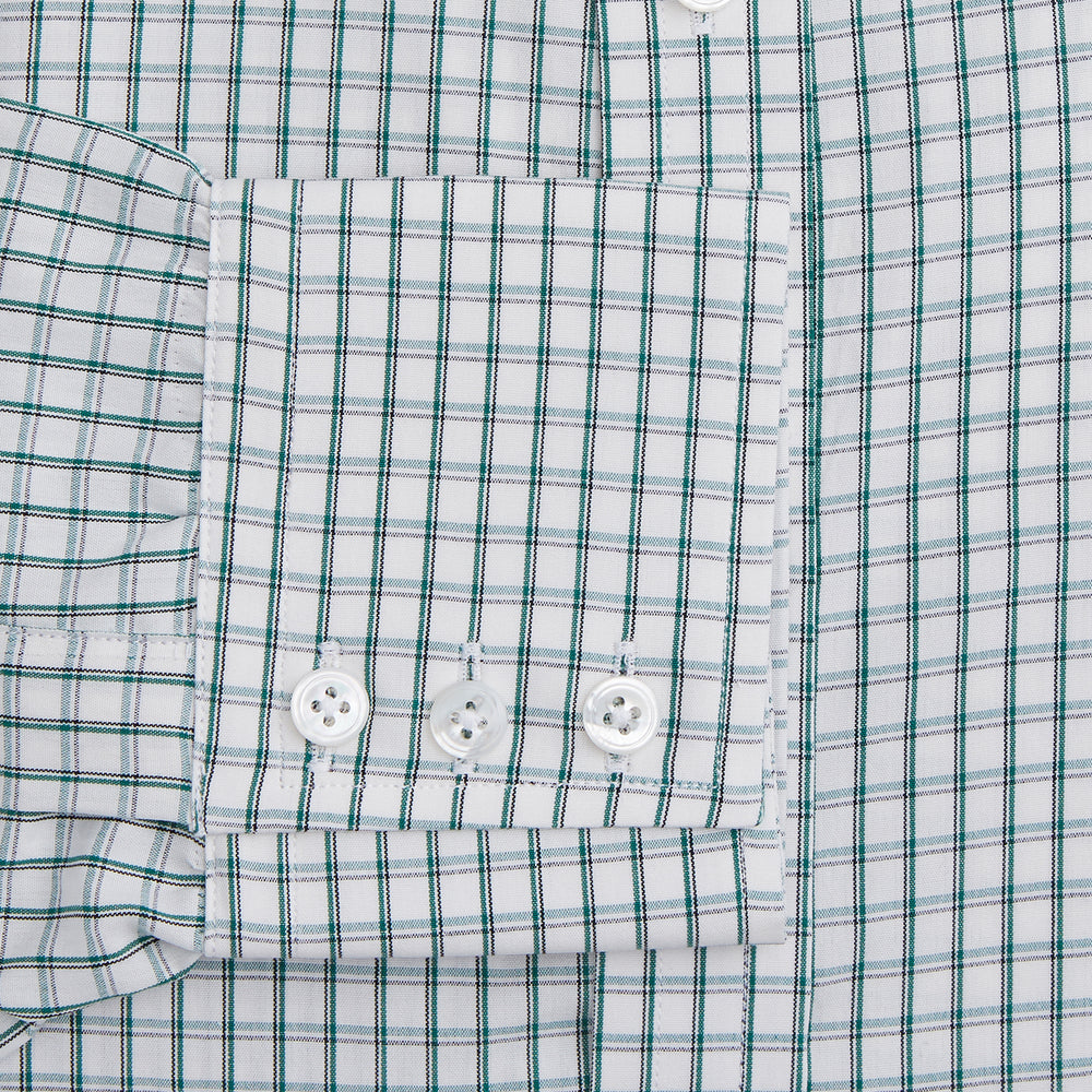 A Turnbull & Asser Dark Green Tattersall Check Mayfair Shirt, featuring long sleeves and button-down design, is neatly laid flat on a white background.