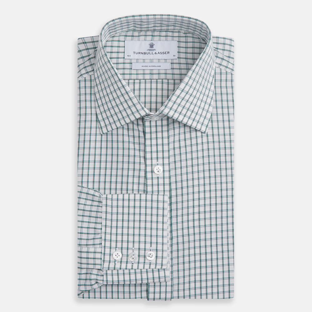 A Turnbull & Asser Dark Green Tattersall Check Mayfair Shirt, featuring long sleeves and button-down design, is neatly laid flat on a white background.
