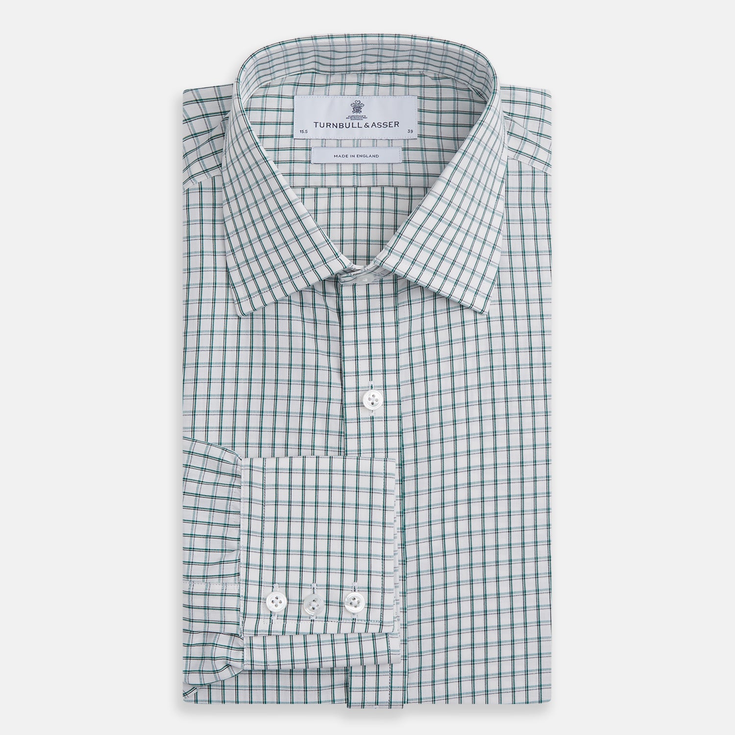View 4 of product A Turnbull & Asser Dark Green Tattersall Check Mayfair Shirt, featuring long sleeves and button-down design, is neatly laid flat on a white background.