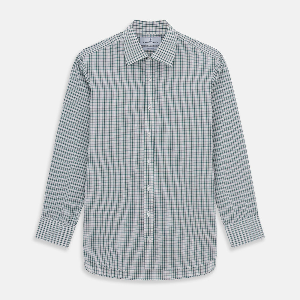 A Turnbull & Asser Dark Green Tattersall Check Mayfair Shirt, featuring long sleeves and button-down design, is neatly laid flat on a white background.