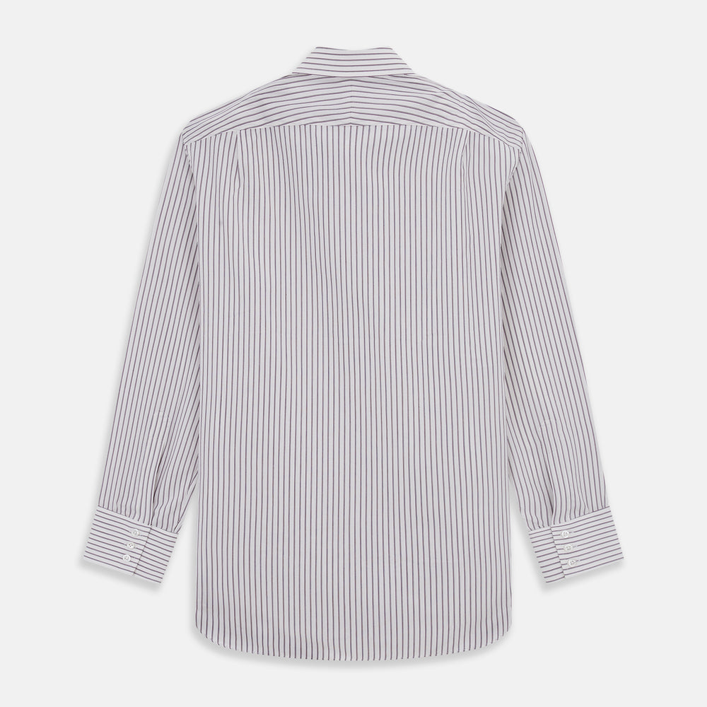The Turnbull & Asser Purple Track Stripe Mayfair Shirt is a long-sleeve, button-up organic cotton shirt with a T&A collar, showcasing thin vertical black stripes on white and laid flat on a white surface.