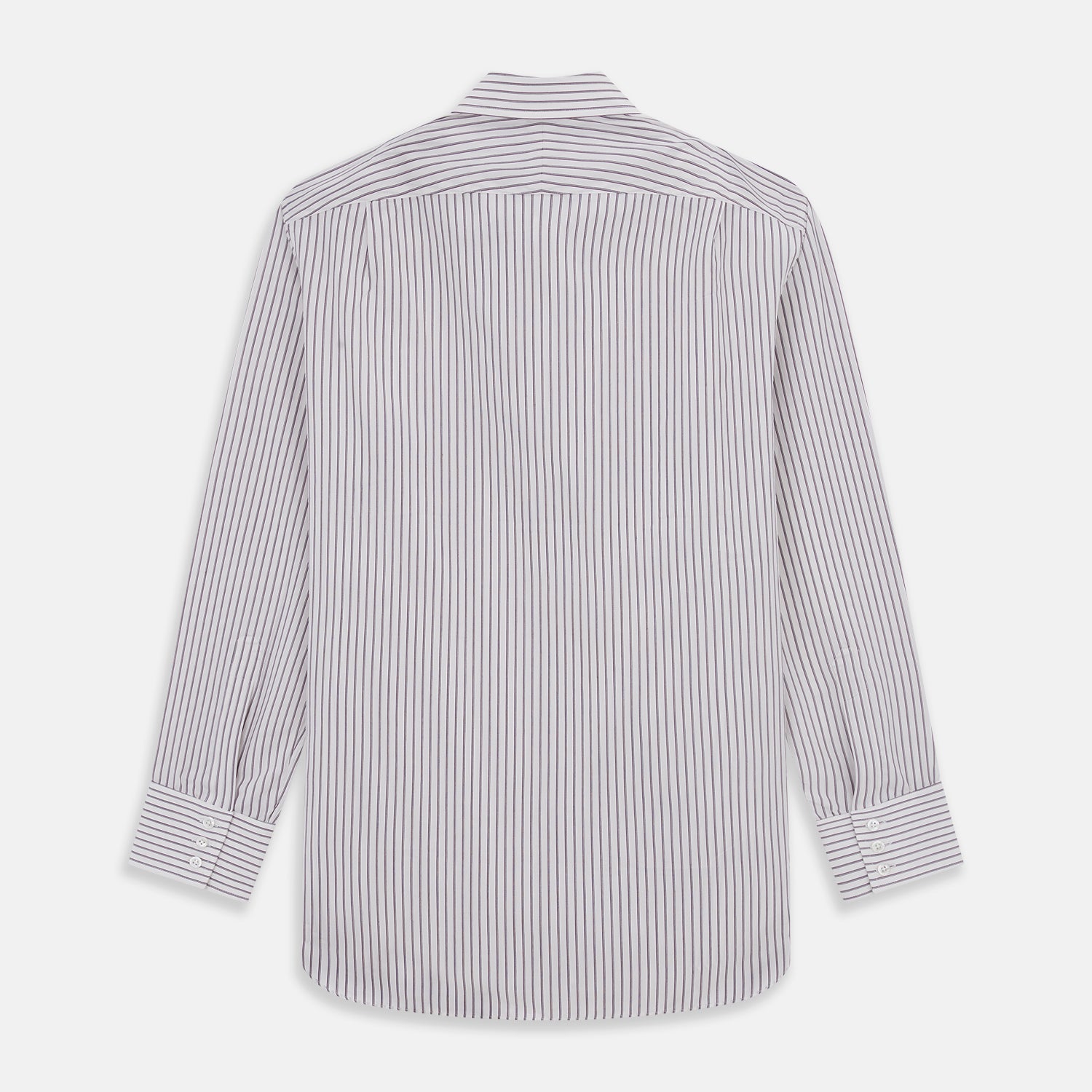 View 5 of product The Turnbull & Asser Purple Track Stripe Mayfair Shirt is a long-sleeve, button-up organic cotton shirt with a T&A collar, showcasing thin vertical black stripes on white and laid flat on a white surface.
