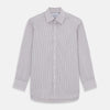 View 1 of product The Turnbull & Asser Purple Track Stripe Mayfair Shirt is a long-sleeve, button-up organic cotton shirt with a T&A collar, showcasing thin vertical black stripes on white and laid flat on a white surface.
