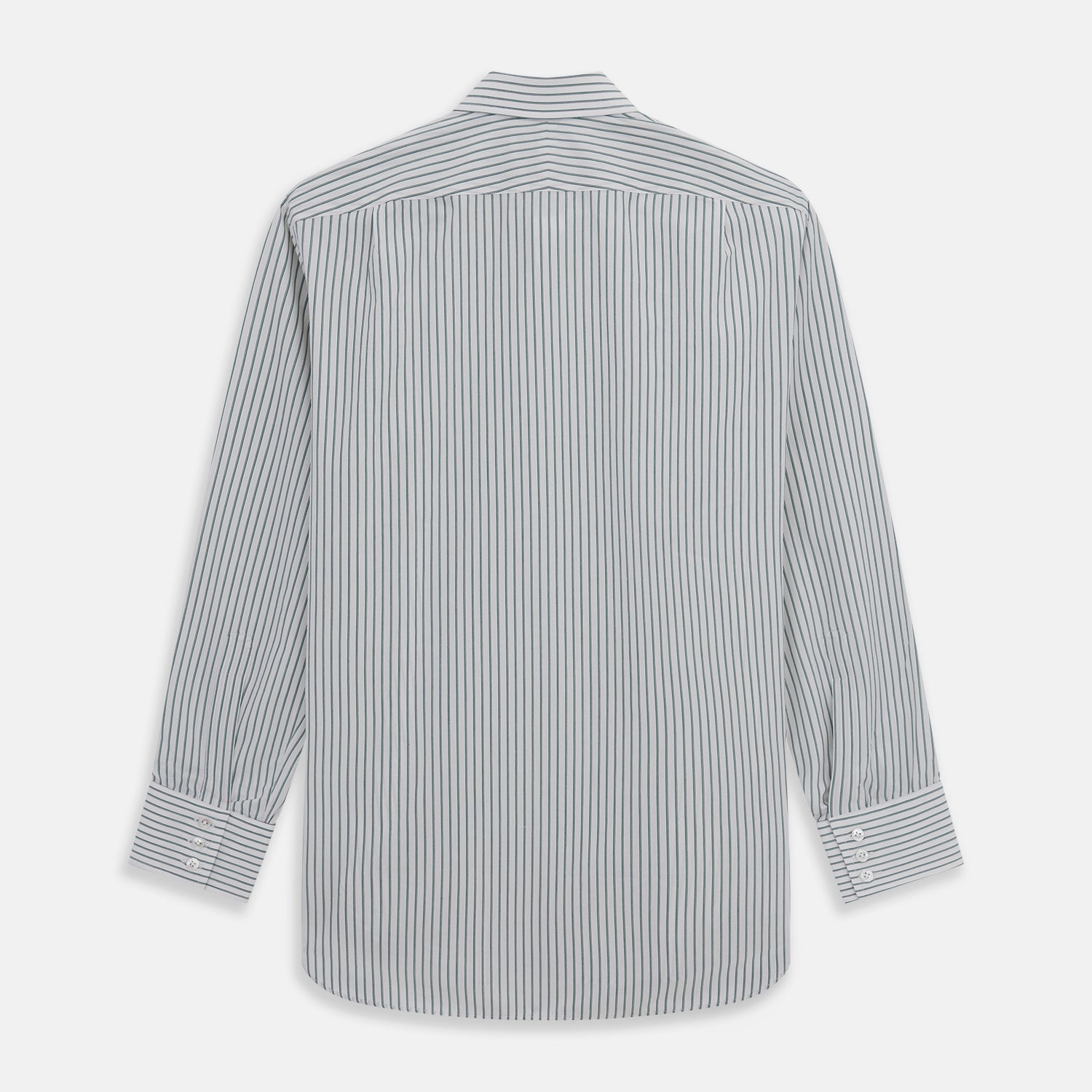 View 5 of product The Turnbull & Asser Dark Green Track Stripe Mayfair Shirt is a long-sleeved button-up with a T&A collar, featuring dark green track stripes, shown against a plain white background.