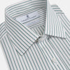 View 2 of product The Turnbull & Asser Dark Green Track Stripe Mayfair Shirt is a long-sleeved button-up with a T&A collar, featuring dark green track stripes, shown against a plain white background.