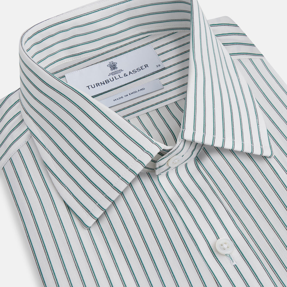 The Turnbull & Asser Dark Green Track Stripe Mayfair Shirt is a long-sleeved button-up with a T&A collar, featuring dark green track stripes, shown against a plain white background.