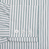 View 3 of product The Turnbull & Asser Dark Green Track Stripe Mayfair Shirt is a long-sleeved button-up with a T&A collar, featuring dark green track stripes, shown against a plain white background.