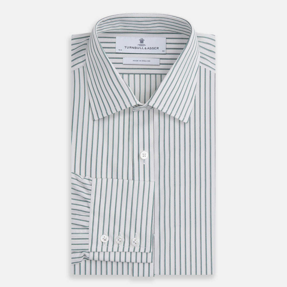 The Turnbull & Asser Dark Green Track Stripe Mayfair Shirt is a long-sleeved button-up with a T&A collar, featuring dark green track stripes, shown against a plain white background.