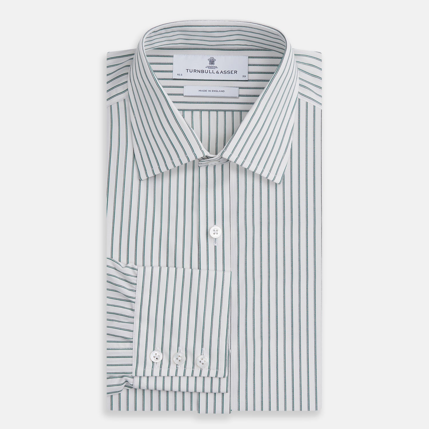 View 4 of product The Turnbull & Asser Dark Green Track Stripe Mayfair Shirt is a long-sleeved button-up with a T&A collar, featuring dark green track stripes, shown against a plain white background.