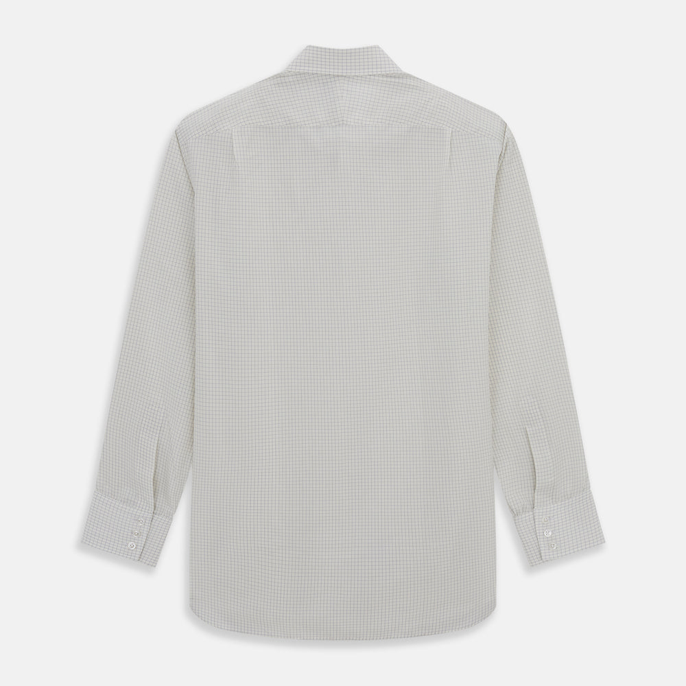 The Turnbull & Asser Pale Blue Graph Check Mayfair Shirt is a long-sleeve, button-up shirt with a pointed collar and buttoned cuffs, crafted from organic cotton—shown here laid flat on a white background.