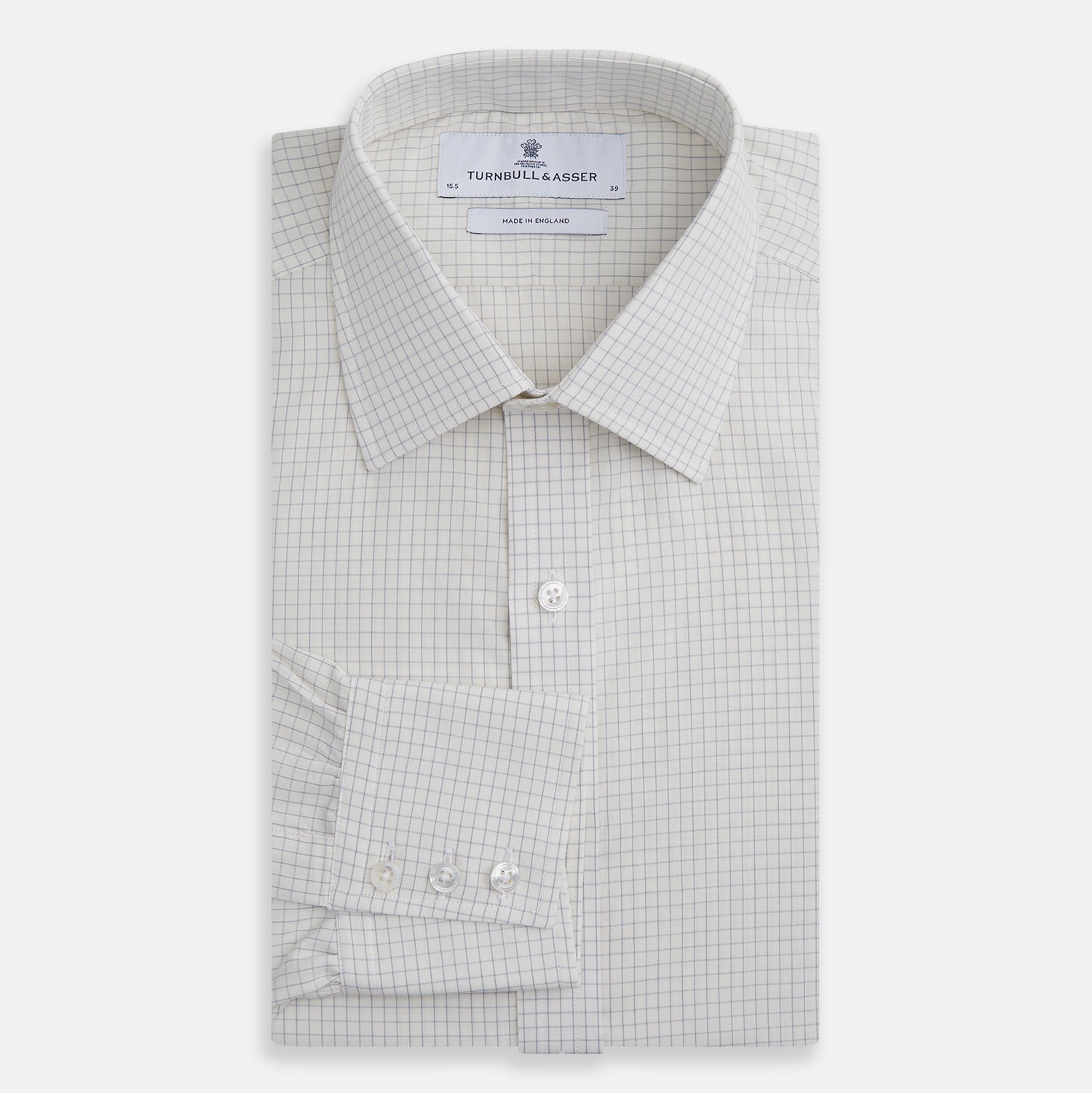 View 4 of product The Turnbull & Asser Pale Blue Graph Check Mayfair Shirt is a long-sleeve, button-up shirt with a pointed collar and buttoned cuffs, crafted from organic cotton—shown here laid flat on a white background.