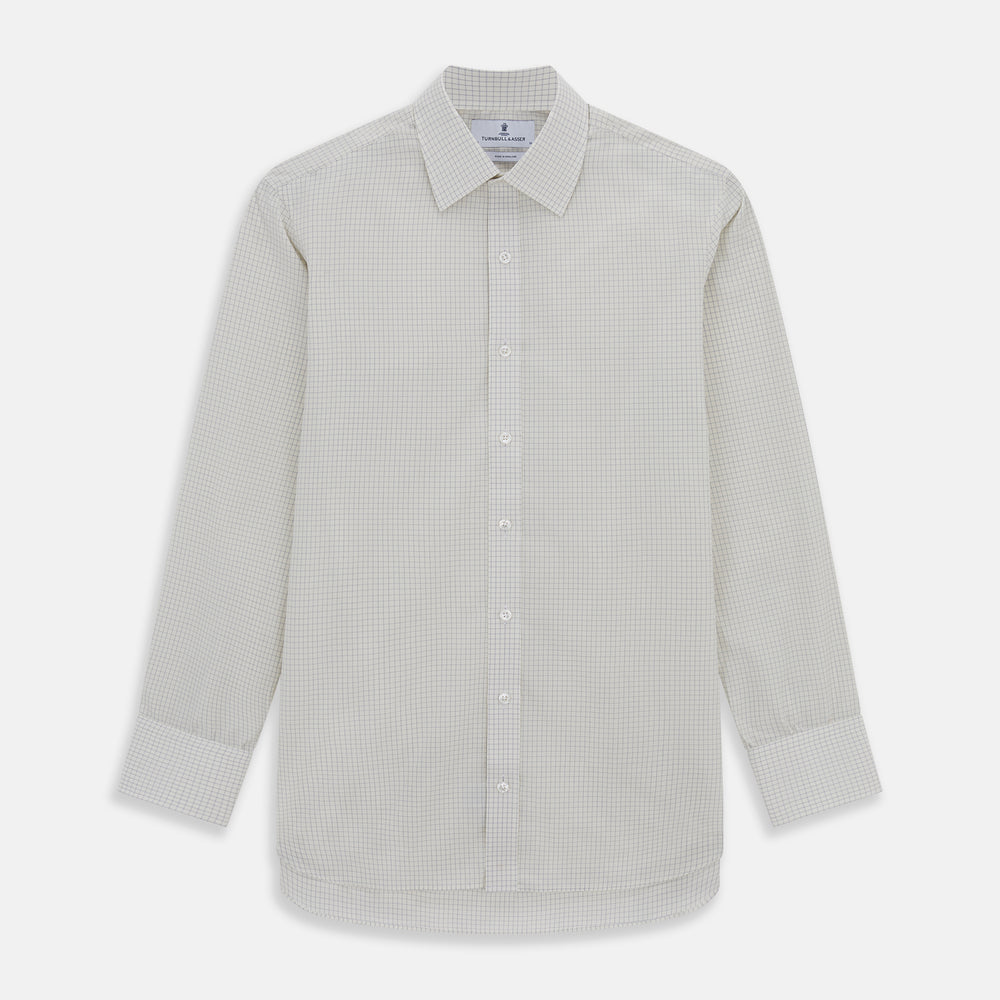 The Turnbull & Asser Pale Blue Graph Check Mayfair Shirt is a long-sleeve, button-up shirt with a pointed collar and buttoned cuffs, crafted from organic cotton—shown here laid flat on a white background.