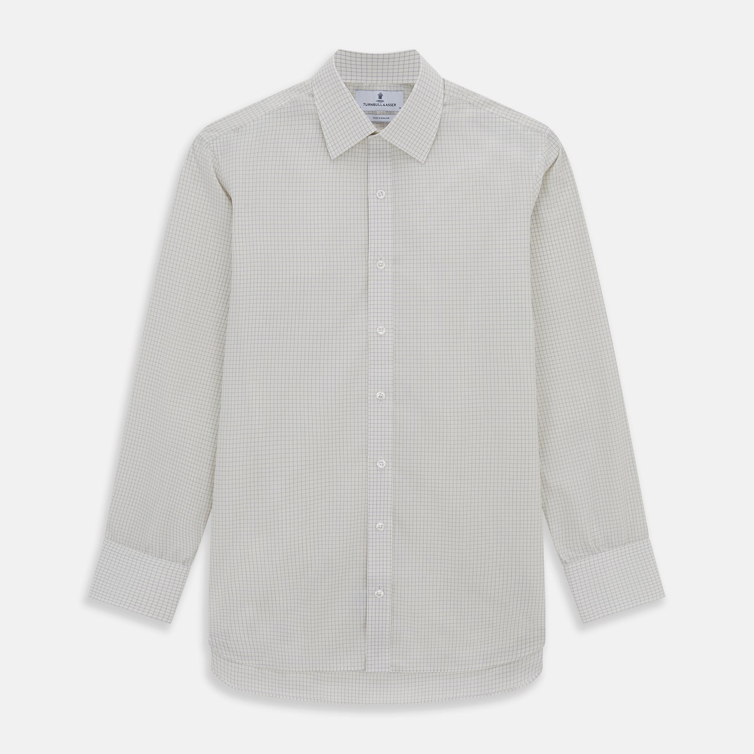 View 1 of product The Turnbull & Asser Pale Blue Graph Check Mayfair Shirt is a long-sleeve, button-up shirt with a pointed collar and buttoned cuffs, crafted from organic cotton—shown here laid flat on a white background.