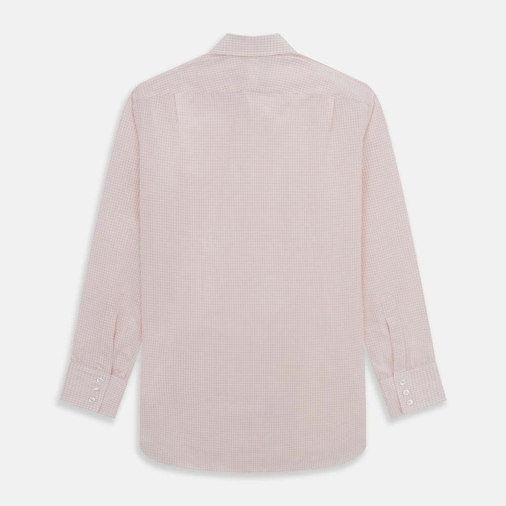 The Pink Graph Check Mayfair Shirt by Turnbull & Asser is an organic cotton, long-sleeve button-down with a classic collar and buttoned cuffs, featuring a subtle light pink and white graph check pattern, shown laid flat on a white background.