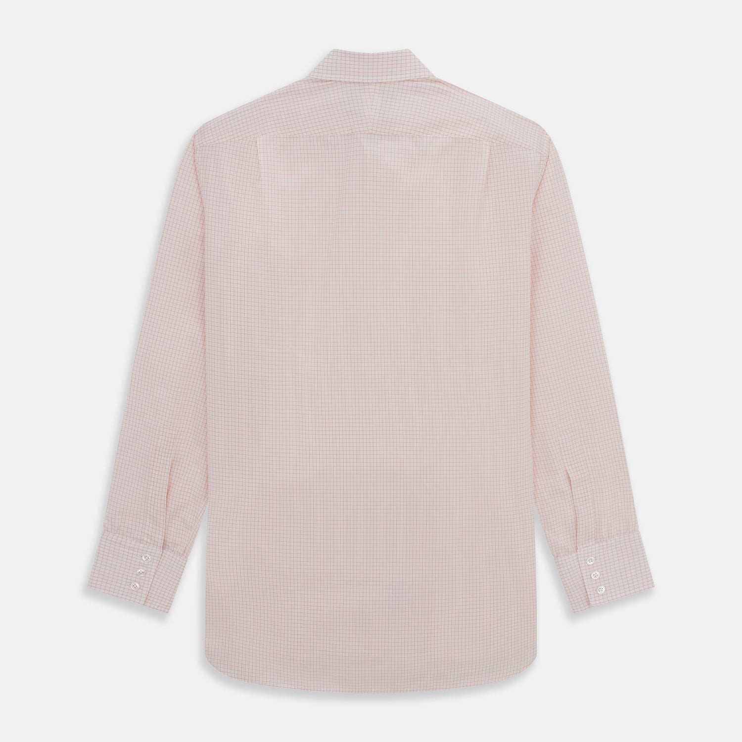 View 5 of product The Pink Graph Check Mayfair Shirt by Turnbull & Asser is an organic cotton, long-sleeve button-down with a classic collar and buttoned cuffs, featuring a subtle light pink and white graph check pattern, shown laid flat on a white background.