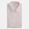 View 4 of product The Pink Graph Check Mayfair Shirt by Turnbull & Asser is an organic cotton, long-sleeve button-down with a classic collar and buttoned cuffs, featuring a subtle light pink and white graph check pattern, shown laid flat on a white background.