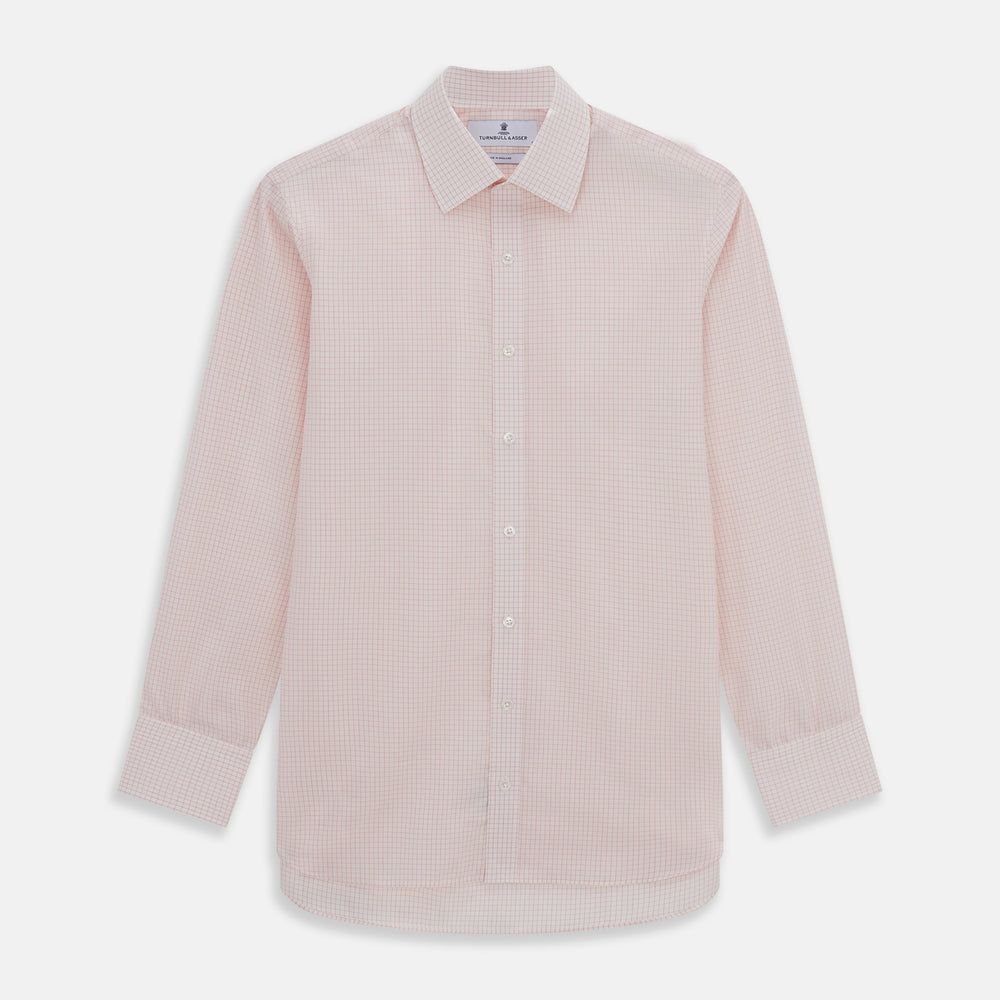 The Pink Graph Check Mayfair Shirt by Turnbull & Asser is an organic cotton, long-sleeve button-down with a classic collar and buttoned cuffs, featuring a subtle light pink and white graph check pattern, shown laid flat on a white background.