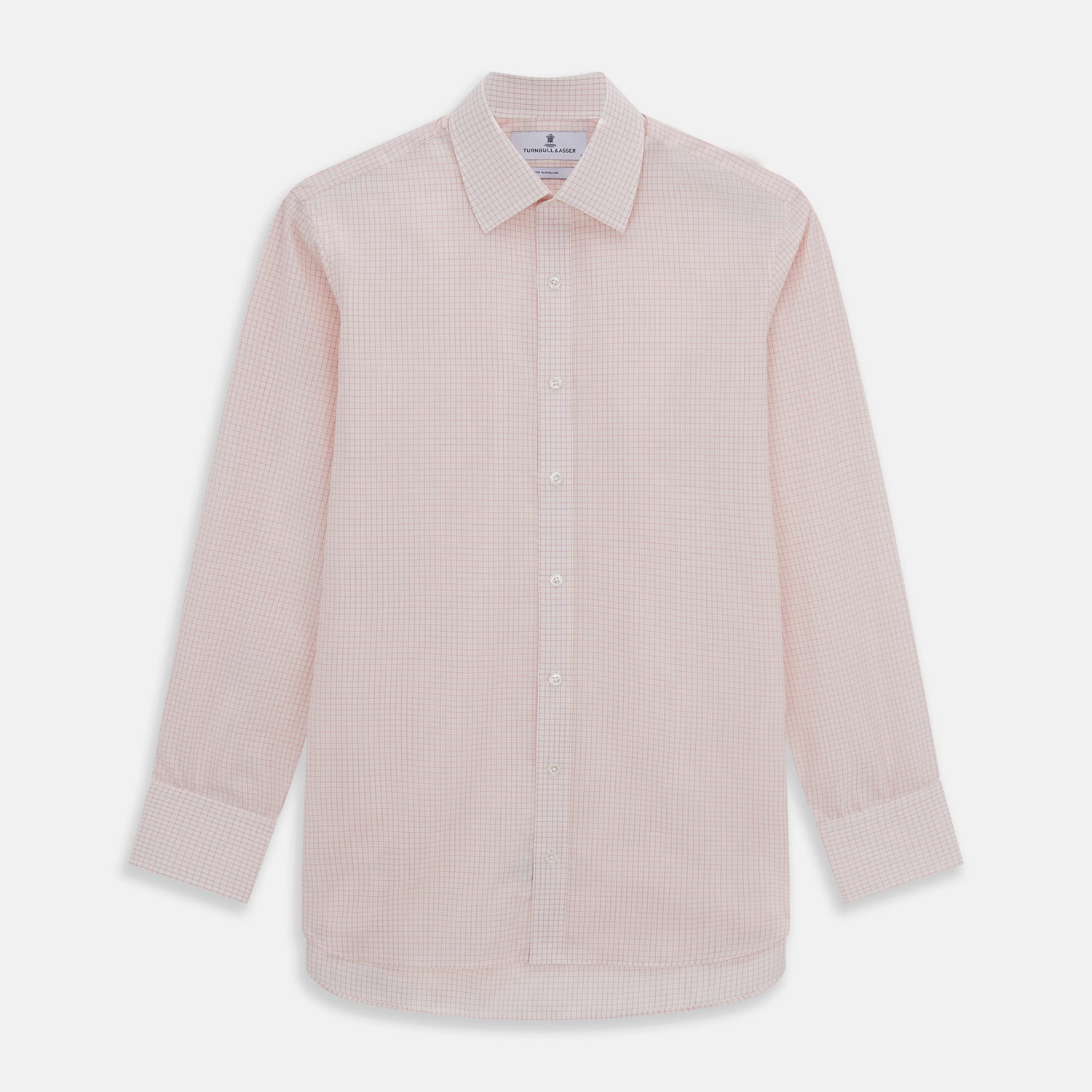 View 1 of product The Pink Graph Check Mayfair Shirt by Turnbull & Asser is an organic cotton, long-sleeve button-down with a classic collar and buttoned cuffs, featuring a subtle light pink and white graph check pattern, shown laid flat on a white background.