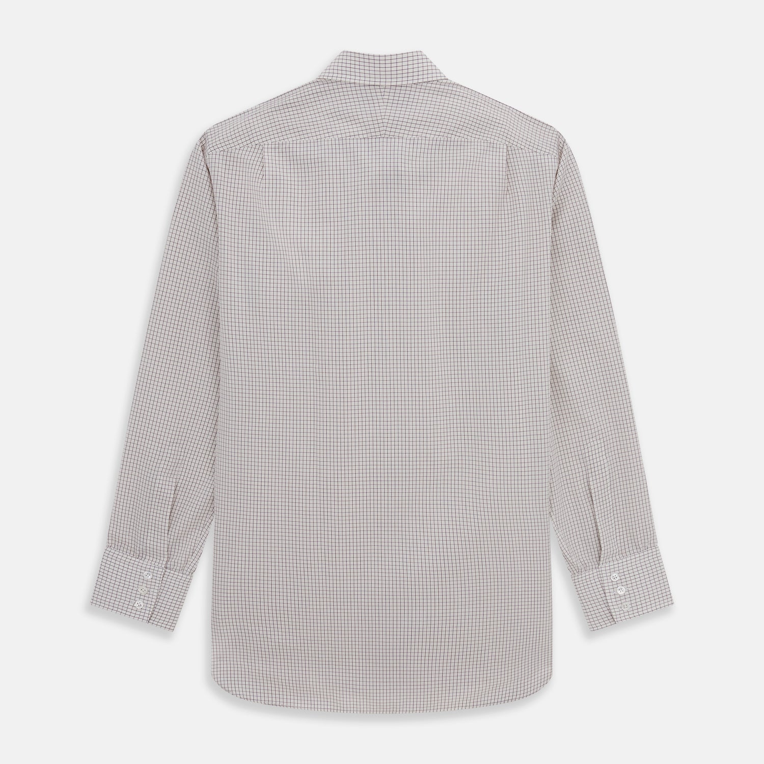 View 5 of product The Turnbull & Asser Purple Graph Check Mayfair Shirt features a classic T&A collar and cuffs, long sleeves, and a subtle purple checkered pattern, shown against a white background.