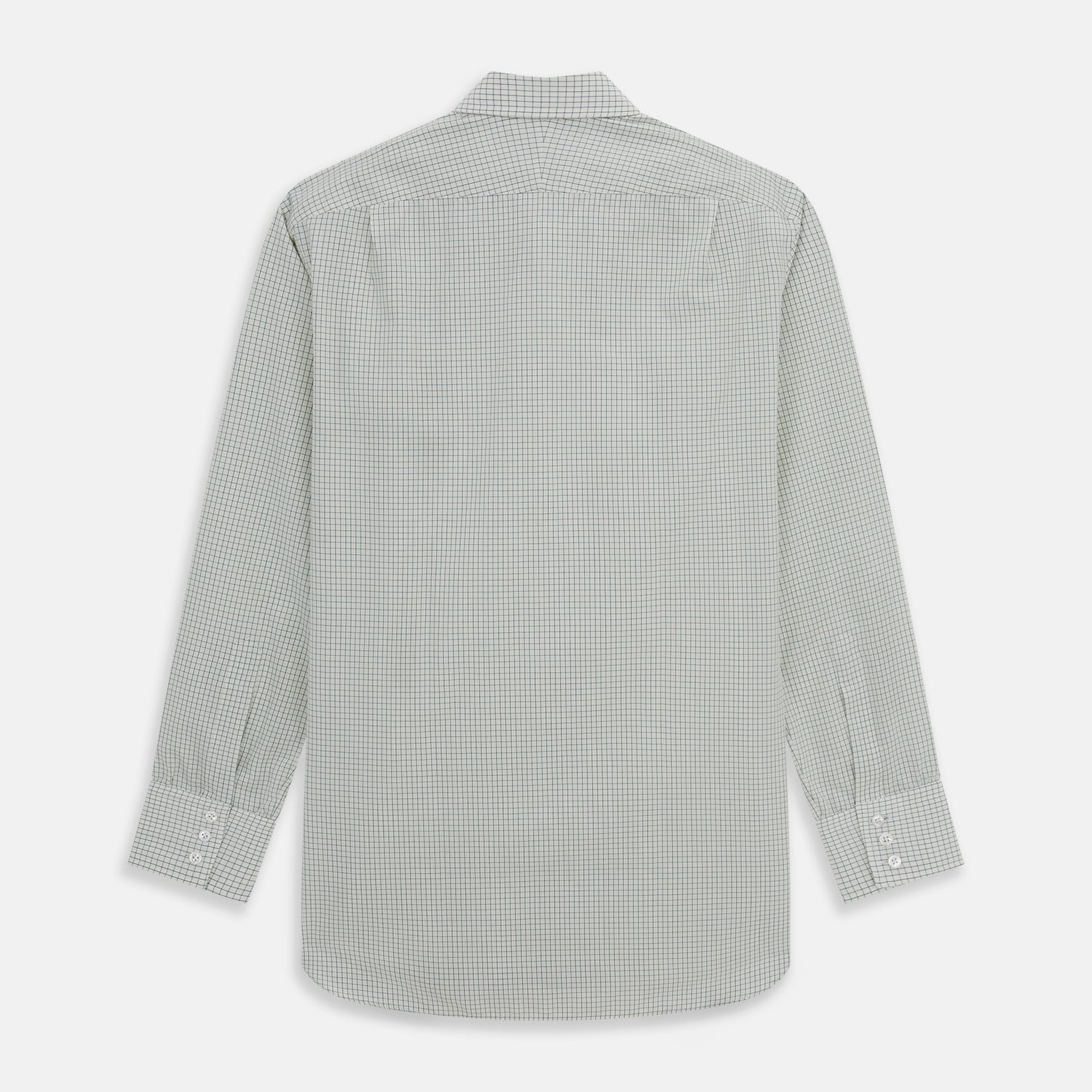 View 5 of product The Turnbull & Asser Dark Green Graph Check Mayfair Shirt, featuring a classic T&A collar and cuffs, displays a small green and white check pattern and is shown laid flat on a white background.