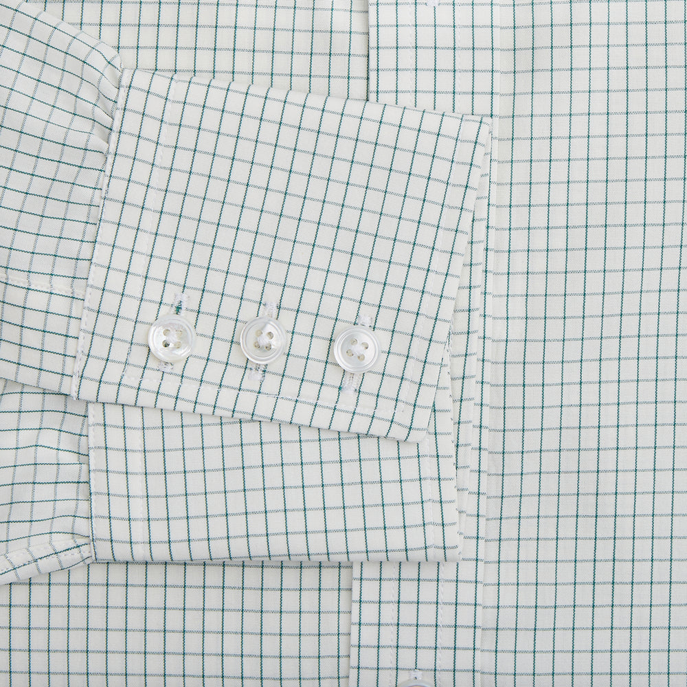 The Turnbull & Asser Dark Green Graph Check Mayfair Shirt, featuring a classic T&A collar and cuffs, displays a small green and white check pattern and is shown laid flat on a white background.