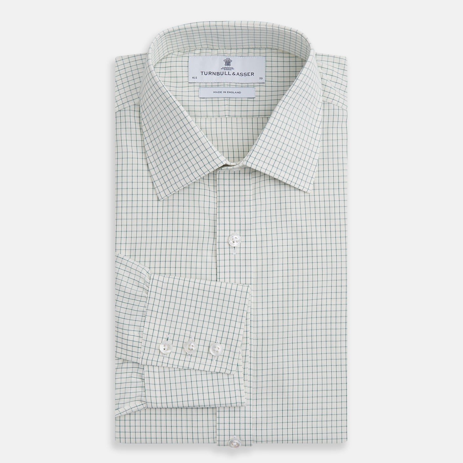 View 4 of product The Turnbull & Asser Dark Green Graph Check Mayfair Shirt, featuring a classic T&A collar and cuffs, displays a small green and white check pattern and is shown laid flat on a white background.