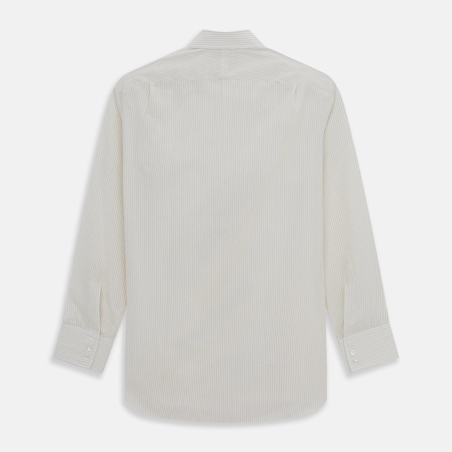 View 5 of product The Turnbull & Asser Pale Blue Pinstripe Mayfair Shirt is a long-sleeve, collared, button-up made from organic cotton with a subtle pale blue and white pinstripe pattern, shown against a plain white background.