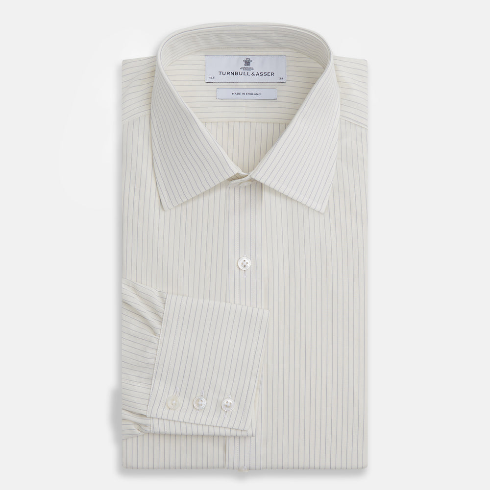 The Turnbull & Asser Pale Blue Pinstripe Mayfair Shirt is a long-sleeve, collared, button-up made from organic cotton with a subtle pale blue and white pinstripe pattern, shown against a plain white background.