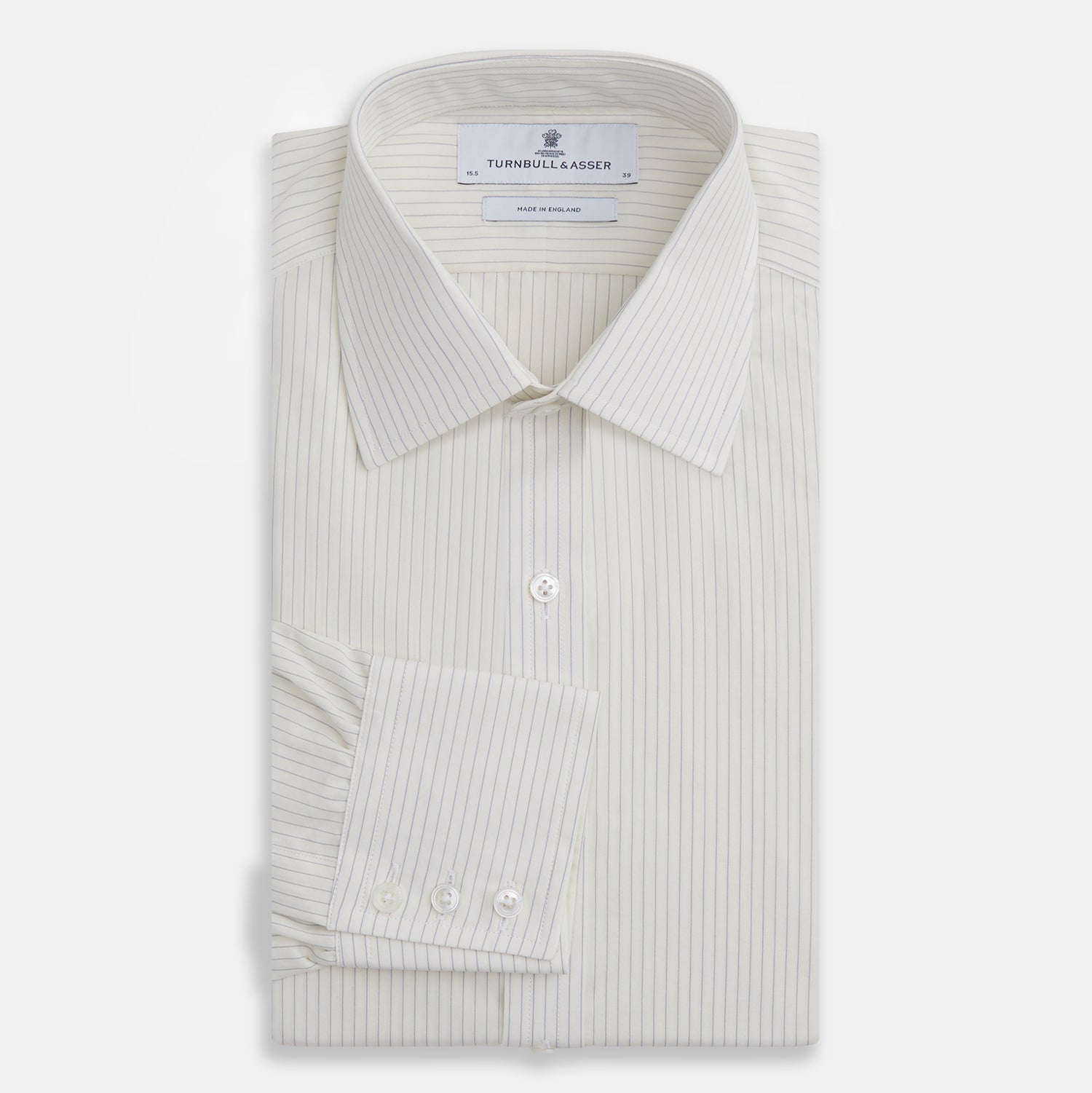 View 4 of product The Turnbull & Asser Pale Blue Pinstripe Mayfair Shirt is a long-sleeve, collared, button-up made from organic cotton with a subtle pale blue and white pinstripe pattern, shown against a plain white background.