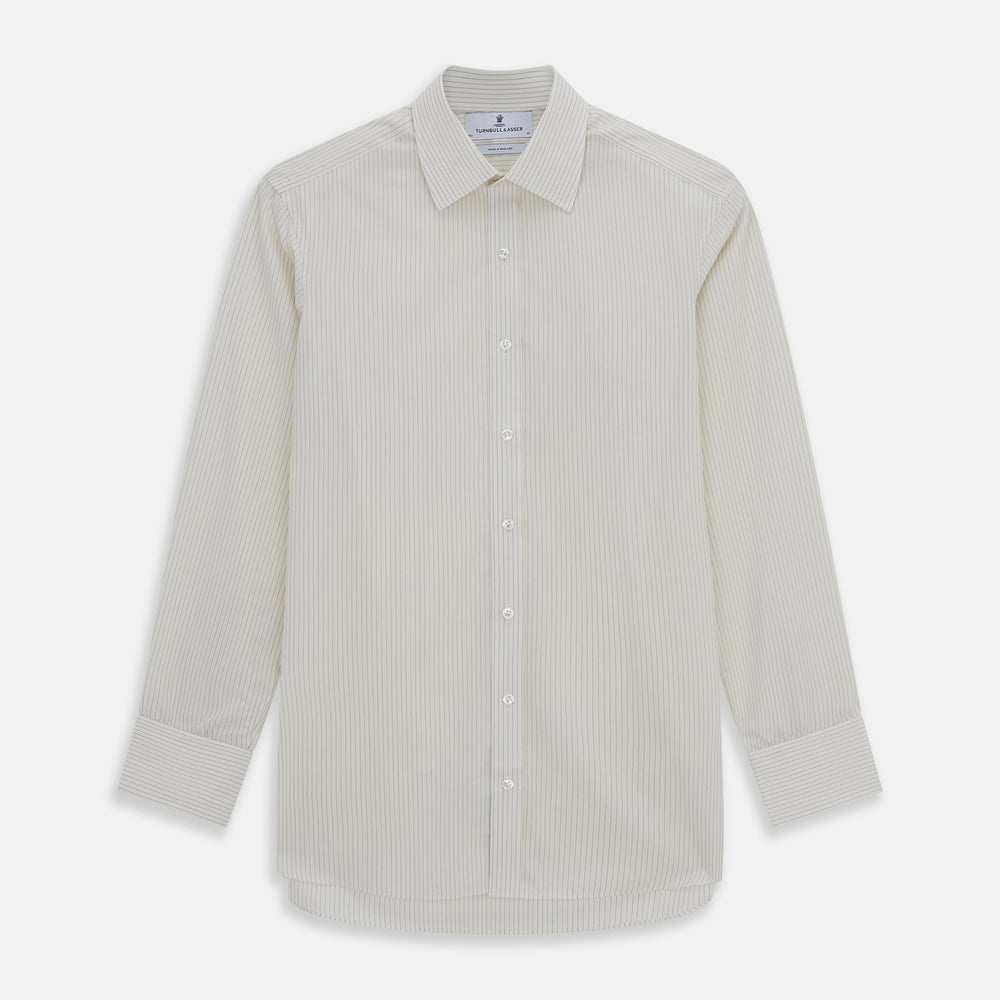 The Turnbull & Asser Pale Blue Pinstripe Mayfair Shirt is a long-sleeve, collared, button-up made from organic cotton with a subtle pale blue and white pinstripe pattern, shown against a plain white background.