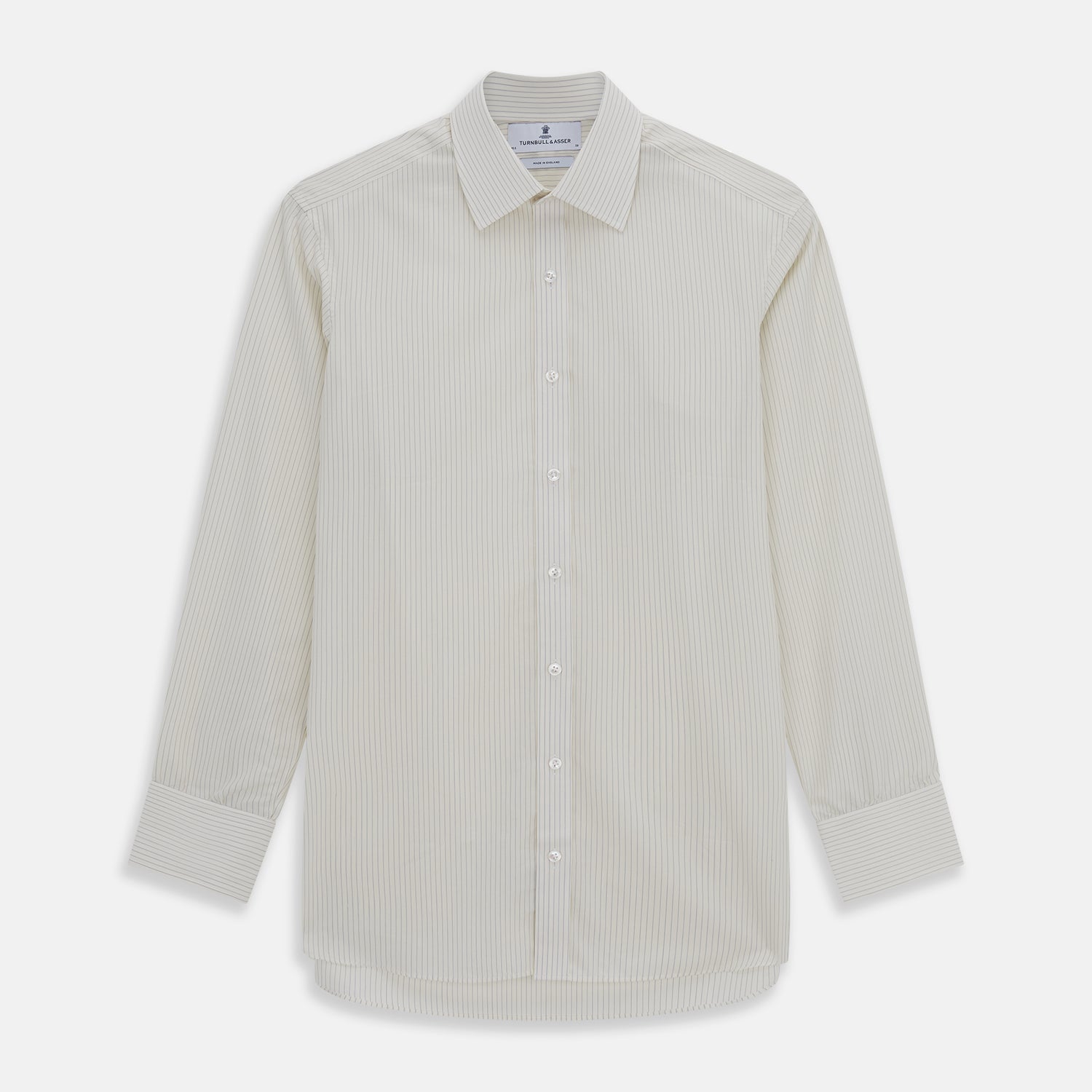 View 1 of product The Turnbull & Asser Pale Blue Pinstripe Mayfair Shirt is a long-sleeve, collared, button-up made from organic cotton with a subtle pale blue and white pinstripe pattern, shown against a plain white background.